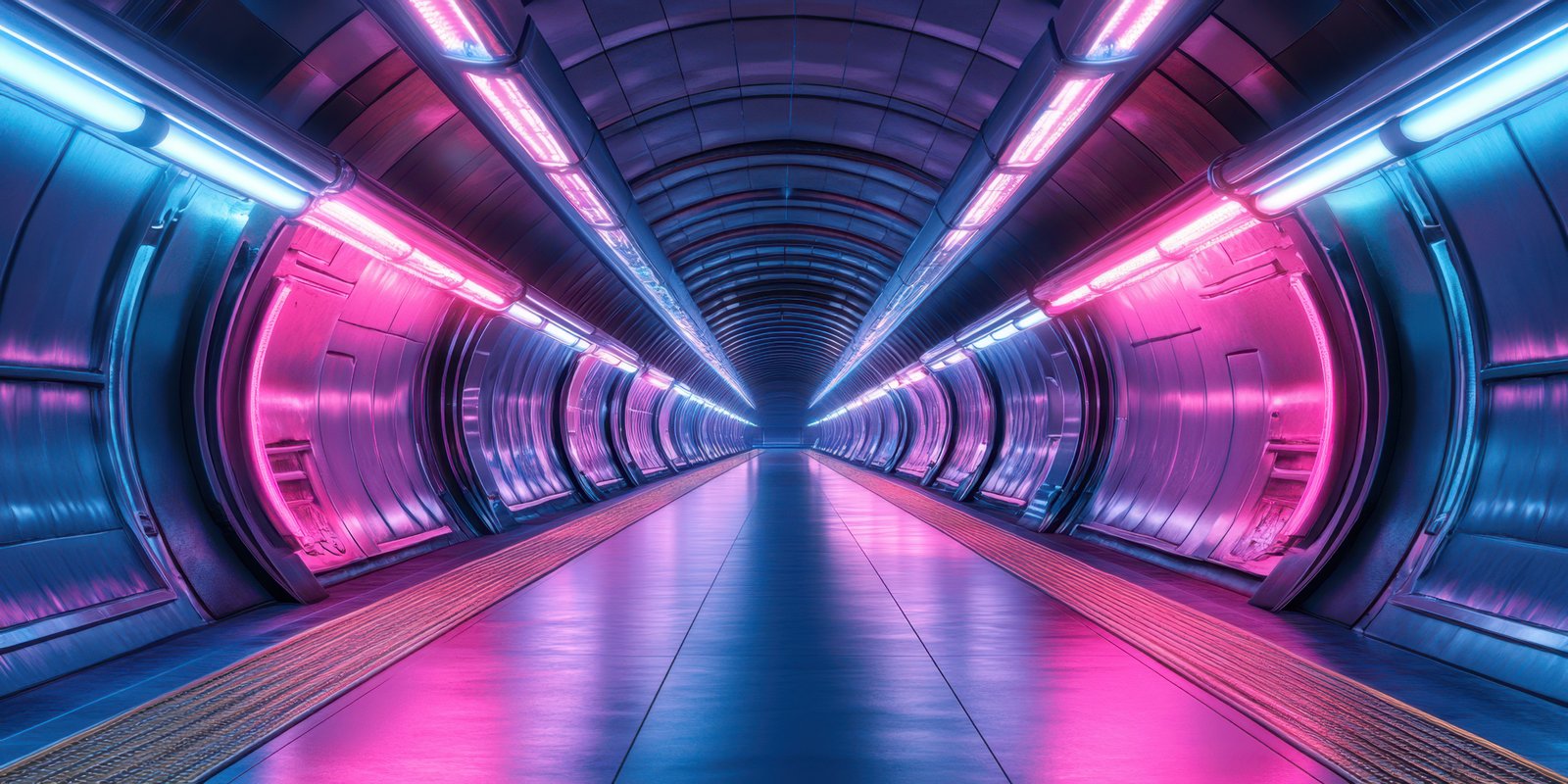 Futuristic corridor with vibrant neon lights illuminating a sleek, modern path in an underground setting